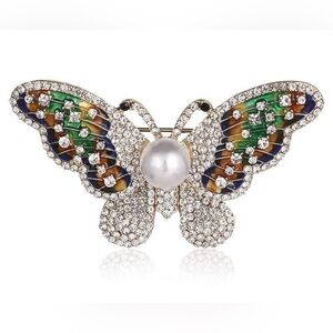 Elegant Multicolor Crystal Butterfly Brooch with Pearl Accent